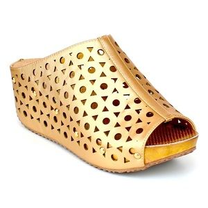 Elva Gold Laser Cut Faux Leather Mule Wedges